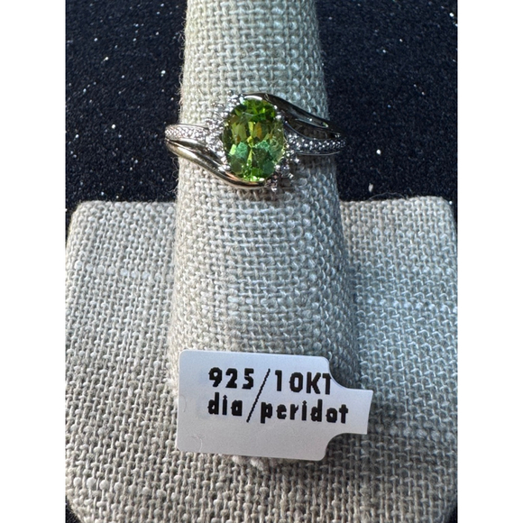 Peridot and Diamond 10K Sterling Silver Ring 6.5